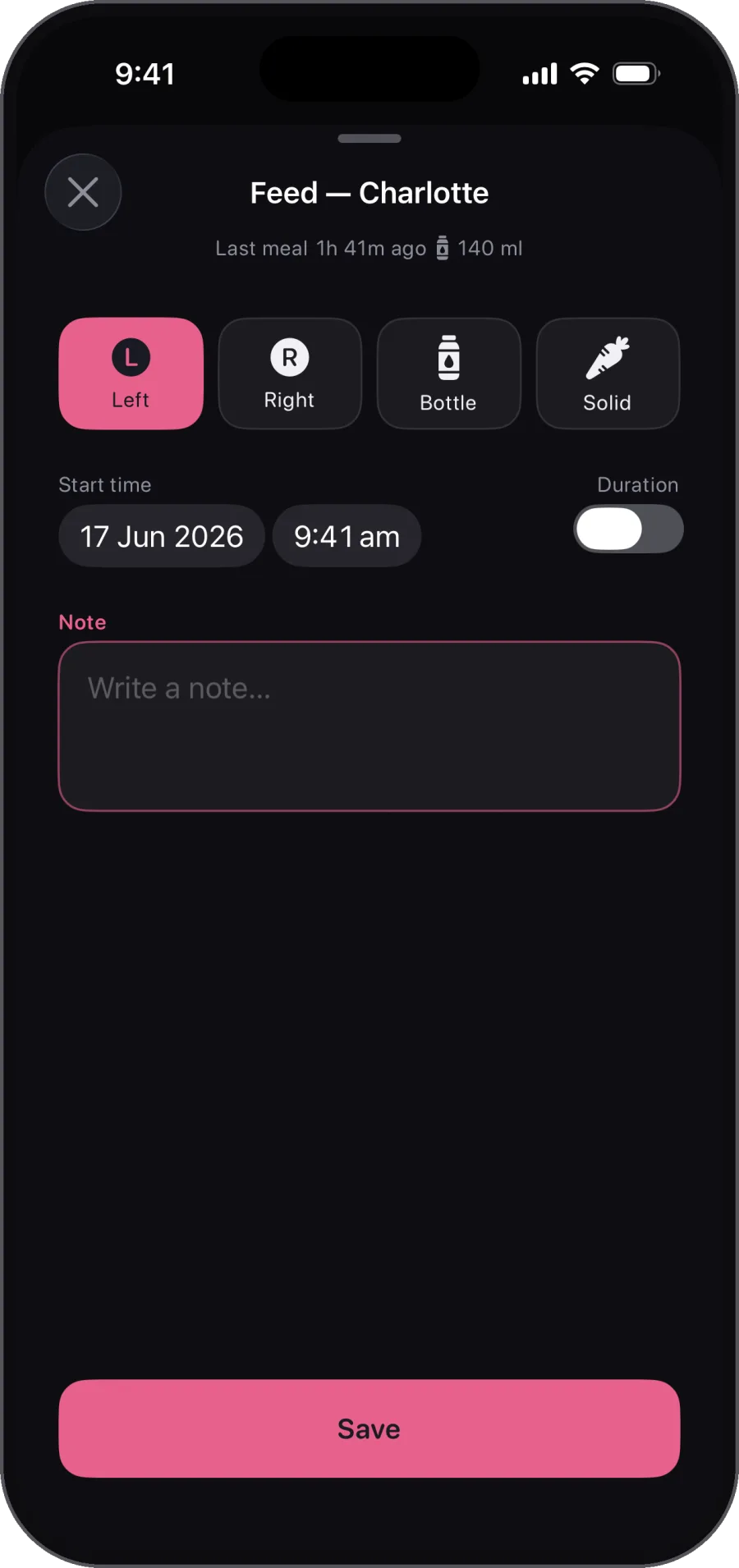 3 AM. One tap. One finger. Log everything in under 10 seconds