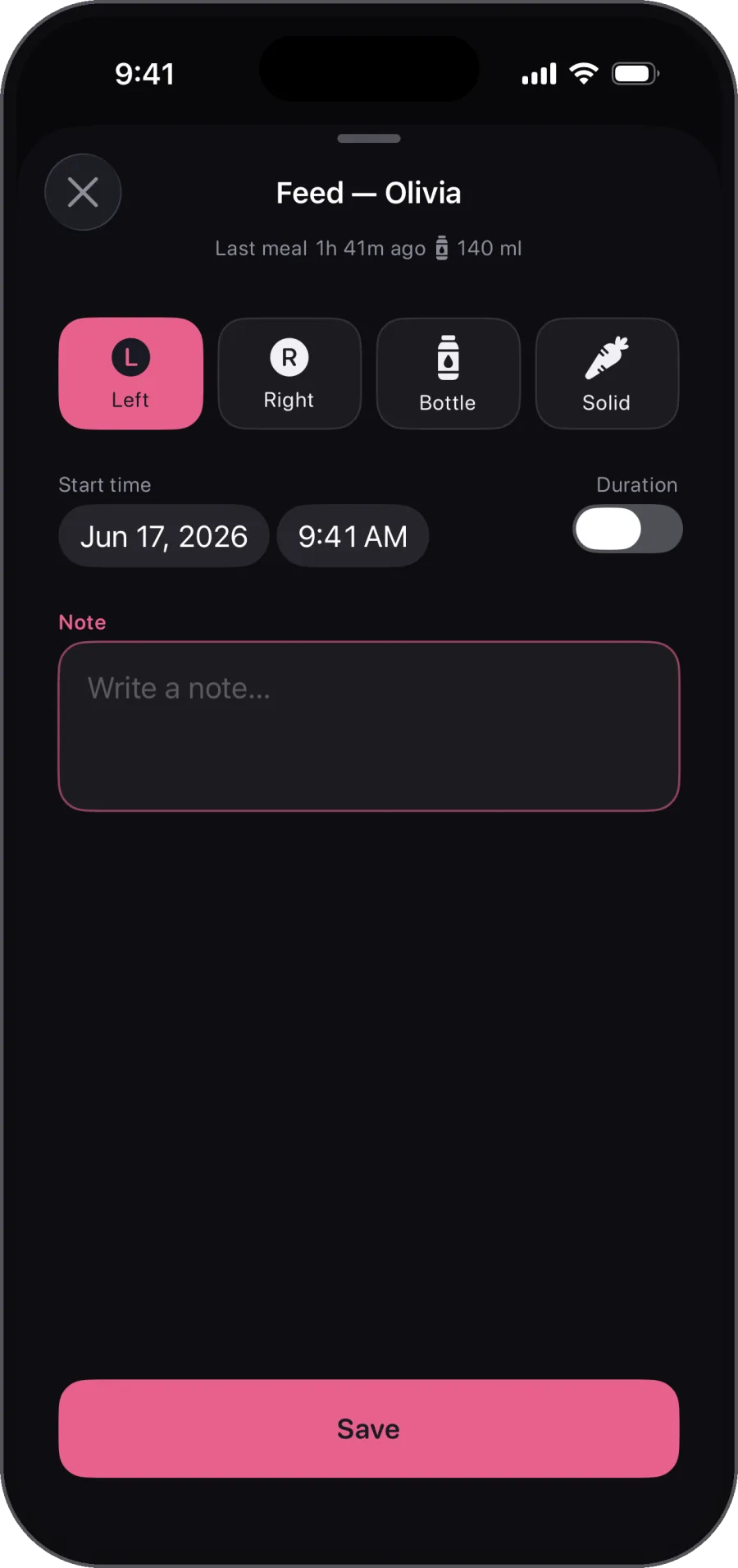 3 AM. One tap. One finger. Log everything in under 10 seconds